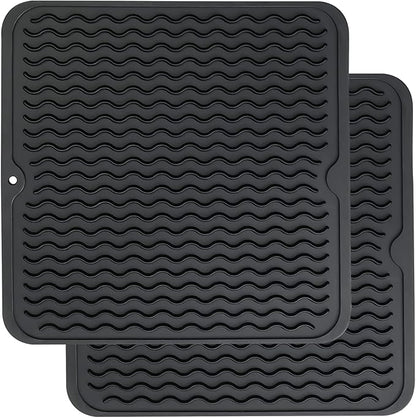 ZLR 2 Pcs Silicone Dish Drying Mat 12" x 12" Square - Small Heat Resistant Trivet & Countertop Protector for Air Fryer, Coffee Maker - Waterproof Kitchen Drain Pad for Cups, Fruit (Black) by ZLR