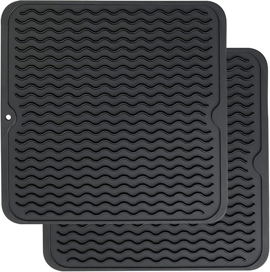 ZLR 2 Pcs Silicone Dish Drying Mat 12" x 12" Square - Small Heat Resistant Trivet & Countertop Protector for Air Fryer, Coffee Maker - Waterproof Kitchen Drain Pad for Cups, Fruit (Black) by ZLR