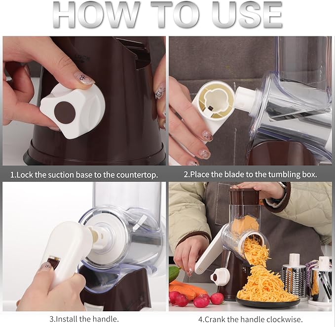 Cambom Rotary Cheese Grater Hand Crank Cheese Shredder for Fresh Cheese, Vegetable, Nuts,Non-slip Suction Base, Free Cleaning Brush Three Blades, Coffe Color - Image 8
