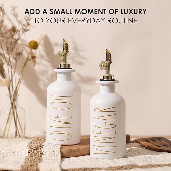 HOMCDALY Premium Olive Oil Dispenser for Kitchen, 11.8oz Glass Oil Bottles with Bamboo Tray, White and Gold Oil&Vinegar Cruet Set, Kitchen Dispenser Bottles with Pourer| Set of 2 (11.8oz –P–Gold) - Image 3