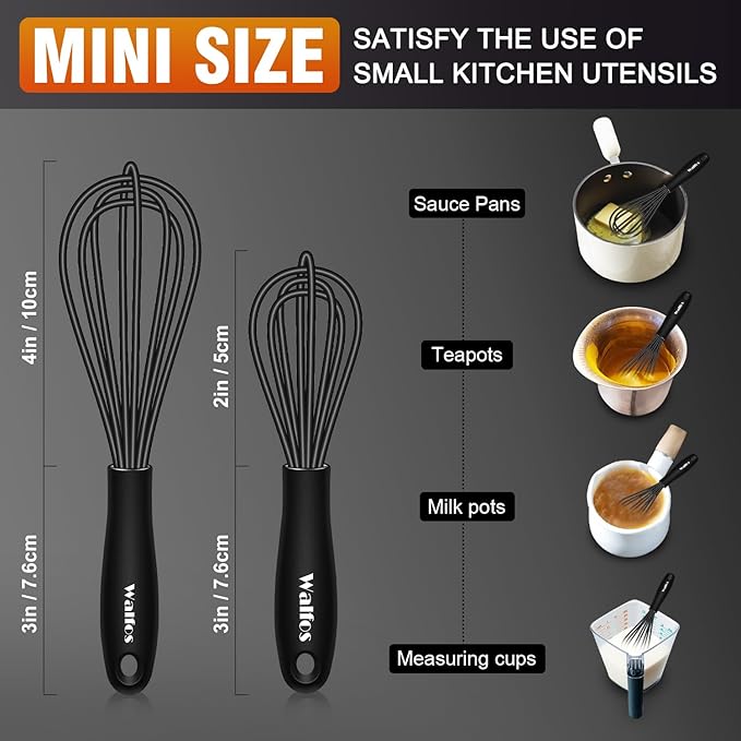 Walfos Whisk 5+7in/12cm+17cm Mini Whisk,Silicone Whisks Non Scratch Heat Resistant (480°F). Nice for stirring individual eggs and mixing small amounts of powder and sauce.Dishwasher Safe.Black - Image 3