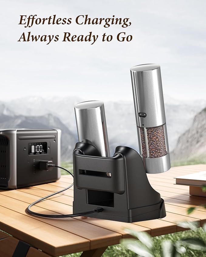 Electric Salt and Pepper Grinder Set - Automatic Refillable Salt and Pepper Grinders with Charging Base & LED Light, 6-Level Adjustable Coarseness with External Dial, Ideal Kitchen Gadget，Silver - Image 6