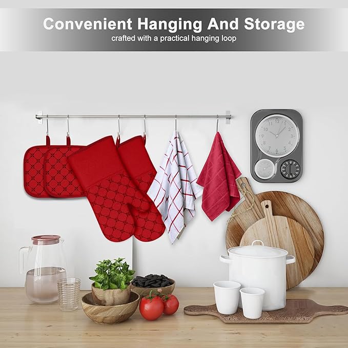Oven Mitts Kitchen Towels Dishcloths with Pot Holders Sets 12PCS, Dish Towels Sets, Oven Gloves Pot Pads Heat Resistant 500 Degrees with Non-Slip Silicone Surface for Cooking Baking Grilling Red - Image 7