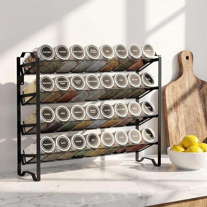 Simple Trending Spice Rack Organizer with 32 Empty Spice Jars, 64 Spice Labels, Chalk Marker and Funnel Set for Cabinet, Countertop, Kitchen, Pantry or Wall Mount, Black - Image 9