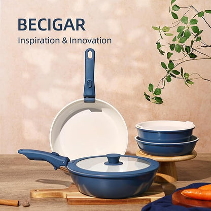 BECIGAR 23pcs Ceramic Pots and Pans Set, Nonstick Detachable Handle Cookware, Induction Kitchen Cooking Set with Removable Handle,include Frying Pans & Saucepans Oven Safe(Blue) - Image 5
