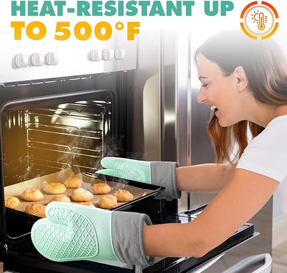 Silicone Oven Mitts (2 PCS), Waterproof Non Slip Grip Oven Gloves with Thick Soft Cotton Lining, Universal Fit Heat Resistant Kitchen Gloves for Baking, BBQ, Cooking and Grilling-Green