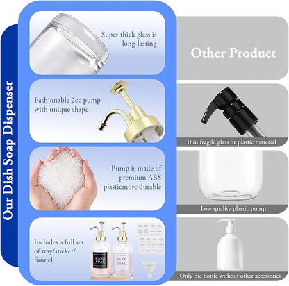 Glass Soap Dispenser with Pump,Tray,Funnel, Countertop Soap and Lotion Dispenser Set of 2 with 60 Stickers, Dish and Hand Soap Dispenser Bottle for Kitchen,Bathroom,Shower,500ml/16.9oz