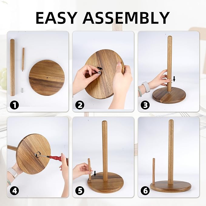 Jumbo Acacia Wood Paper Towel Holder – Large 8.27" Diameter Non-Slip Base, Countertop Wooden Paper Towel Holder for Kitchen, Dining, Coffee Bar, Thick & Stable, Easy Assembly, Natural Wood Finish - Image 7