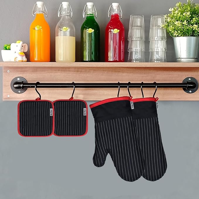 Oven Mitts and Pot Holders Sets,Oven Mitts and Potholders with Cotton High Heat Resistant Extra Thick Long Oven Mitts for Cooking 4 Pcs,Black Red - Image 7