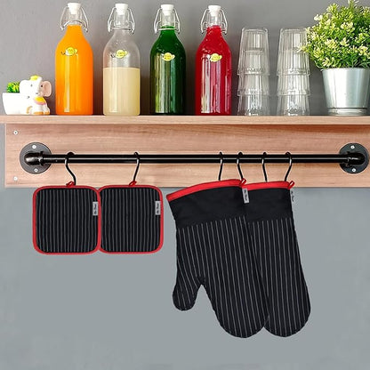 Oven Mitts and Pot Holders Sets,Oven Mitts and Potholders with Cotton High Heat Resistant Extra Thick Long Oven Mitts for Cooking 4 Pcs,Black Red - Image 7