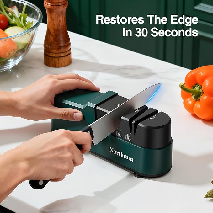 Northmas Knife Sharpener, Professional Electric Knife Sharpener for Home Use, 2 Stages for Quick Sharpening & Polishing, 100V-240V Global Voltage Design, Green - Image 4