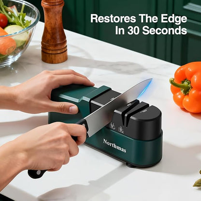 Northmas Knife Sharpener, Professional Electric Knife Sharpener for Home Use, 2 Stages for Quick Sharpening & Polishing, 100V-240V Global Voltage Design, Green - Image 4