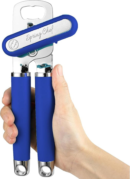 Spring Chef Stainless Steel Can Opener - Manual with Soft Grip Handles, Easy Turn, Heavy Duty Hand Can Openers for Seniors with Smooth Edge - Magnetic Lid Remover - Sapphire by SpringChef