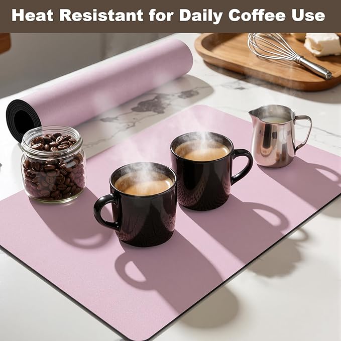 Coffee Mat,Absorbent Dish Drying Mat for Kitchen Counter,Coffee Bar Mat,Non-Slip Rubber Backed,Hide Stains & Quick Dry,for Espresso Machine,Coffee Station,Cups & Sink,12" x 20"(Pink)