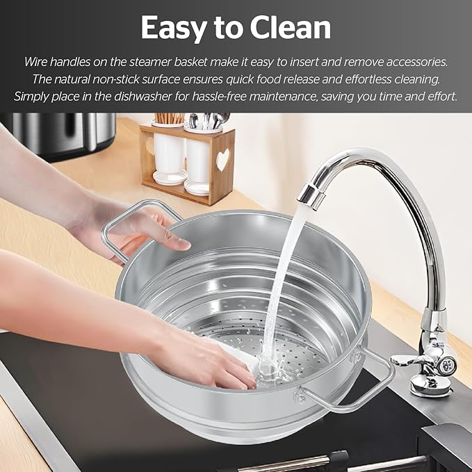 SUNHOUSE 5 Quart Stainless Steel Steamer Insert – Multi-Purpose Soup & Food Steamer with Stay-Cool Handles & Heavy-Duty Glass Lid – Fits Various Pot Sizes (8", 8.5", 9.5") - Image 7