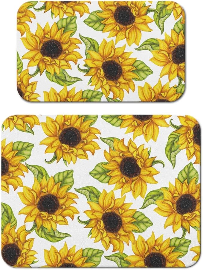 Dish Drying Mat for Kitchen Counter 2 Pack with Non-Slip Rubber Backing - Heat-Resistant Absorbent Coffee Bar Mat, Dish Rack Mat, Sunflower Dish Drying Mats 18x24+19.5x12 inch