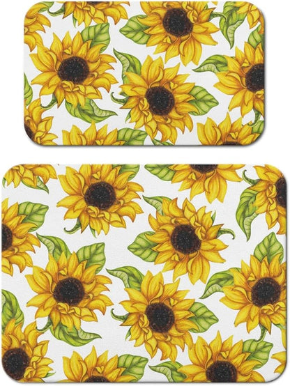 Dish Drying Mat for Kitchen Counter 2 Pack with Non-Slip Rubber Backing - Heat-Resistant Absorbent Coffee Bar Mat, Dish Rack Mat, Sunflower Dish Drying Mats 18x24+19.5x12 inch