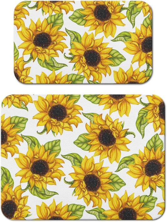 Dish Drying Mat for Kitchen Counter 2 Pack with Non-Slip Rubber Backing - Heat-Resistant Absorbent Coffee Bar Mat, Dish Rack Mat, Sunflower Dish Drying Mats 18x24+19.5x12 inch
