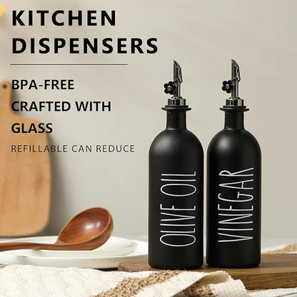 HOMCDALY 16oz Olive Oil Dispenser Bottles for Kitchen, Glass Black Oil&Vinegar Dispenser Set, Kitchen Olive Oil Bottles with Bamboo Tray| Set of 2 (16oz-P-Black) - Image 2