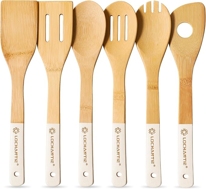 Wooden Spoons for Cooking Bamboo Utensils Set (6 Pieces) - Essential Tools Wooden Spatula & Spoons for Everyday Stirring, Mixing, Flipping & Serving, Gentle on Nonstick Cookware, White by LOCHANTIE