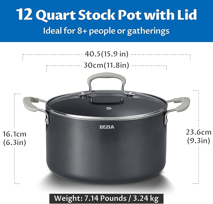 12 Quart Nonstick Stock Pot with Lid, BEZIA Ceramic Big Soup Pot for Holiday Feasts, Cooking Pot with Stay-Cool Silicone Handle, Easy Cleanup, Perfect for Large Gatherings, Gift Giving & Batch Cooking - Image 7