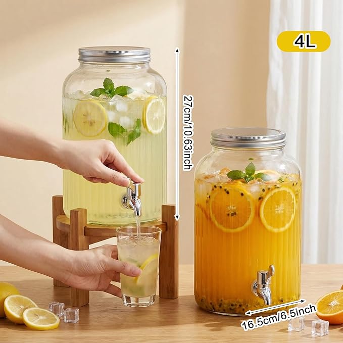 SiliFine 2 Pieces 1 Gallon Plastic Beverage Dispenser with Spigot Striped Clear Large Drink Beverage Dispenser Summer Fridge Water Container with Tap for Party Iced Tea, Sangria, Lemonade (Silver)