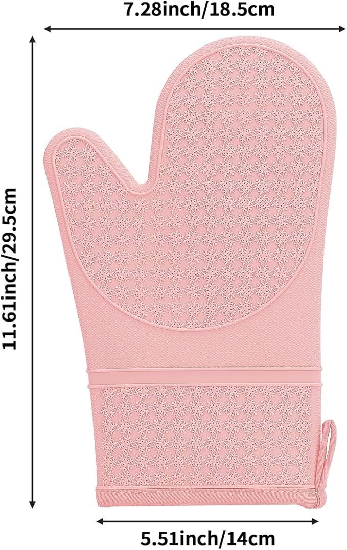 Hovico Silicone Oven Mitts, Heat Resistant 500F Kitchen Mitts 2PCS, 11.6" BPA-Free Soft Baking Gloves, Non-Slip Grip Oven Gloves with Soft Cotton Lining for Kitchen Cooking Baking BBQ - Pink - Image 2