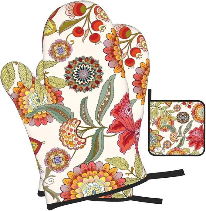 Boho Floral Oven Mitts and Pot Holders Sets of 3 Heat Resistant Hot Pads Colorful Flower Decorative Oven Gloves for Cooking Grilling Baking Kitchen Decor - Image 2