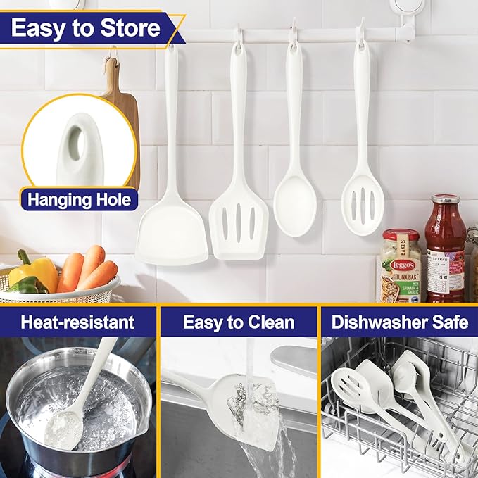 P&P CHEF Kitchen Utensil Set, 4 Pieces Non-stick Silicone Cooking Utensils, Heat-resistant Slotted Solid Spoon Turner for Frying, Mixing, Serving, Non-toxic & Easy to Clean, White - Image 7