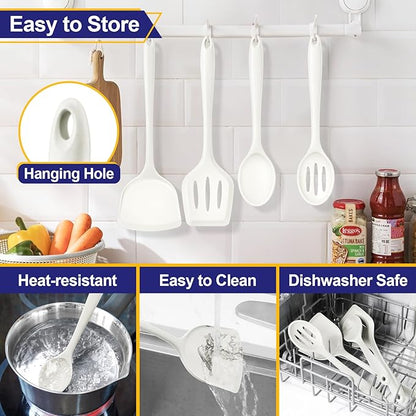 P&P CHEF Kitchen Utensil Set, 4 Pieces Non-stick Silicone Cooking Utensils, Heat-resistant Slotted Solid Spoon Turner for Frying, Mixing, Serving, Non-toxic & Easy to Clean, White - Image 7