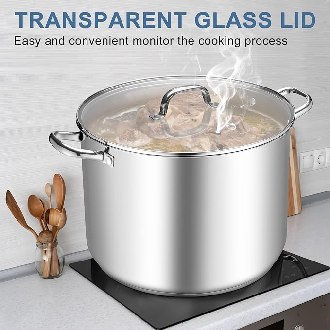 TeamFar Stainless Steel Stock Pot, 24QT Large Stockpot Tri-ply Bottom Cooking Soup Pot with Glass Lid, for Induction Gas Glass Stovetops, Non Toxic & Heavy Duty, Large Size & Easy Clean - Image 6