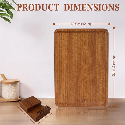 Solid Teak Wood Cutting Board One Piece Non Glued Large Thick Crack Resistant Wooden Chopping Board with DeepJuice Grooves Built in Handles for Kitchen Meat Vegetable 17.7x11.8 IN