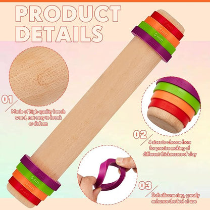 Ireer Adjustable Rolling Pin with Thickness Rings 12 Inch Wood Rolling Pin Wooden Round Tube Roller Clay Tool Pottery Rolling Mud Stick with Spacer Bands for Bar Art DIY Ceramics Craft Sculpting