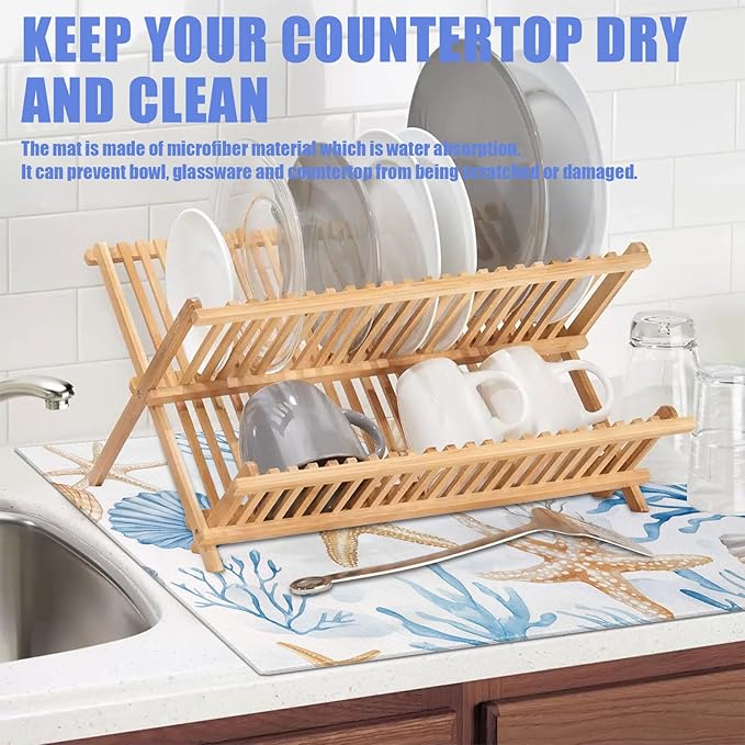 Beach Seashell Starfish Dish Drying Mat for Kitchen Counter Nautical Coastal Drying Pad Absorbent Reversible Dish Drainer Rack Mats Draining Pad