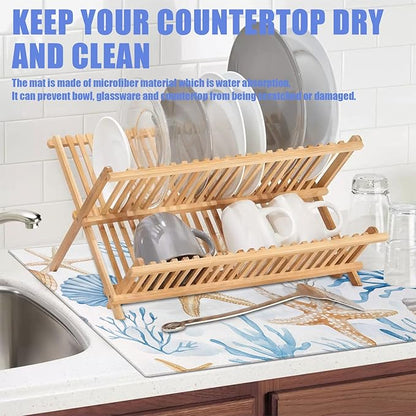 Beach Seashell Starfish Dish Drying Mat for Kitchen Counter Nautical Coastal Drying Pad Absorbent Reversible Dish Drainer Rack Mats Draining Pad