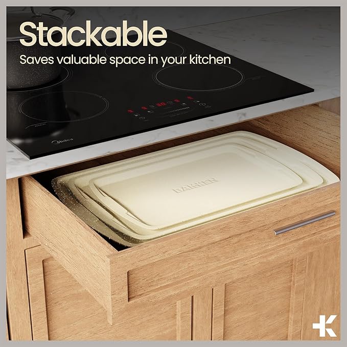 Bakken Swiss Cookie Sheet 3 Piece Set - Non-Stick, Stackable Baking Pans, White marble Deluxe Ceramic Coating – Dishwasher Safe - for Home Baking - Image 6