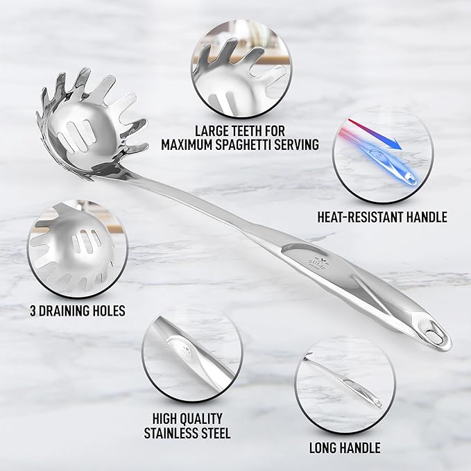 Zulay Kitchen Stainless Steel Spaghetti Spoon - 12” Pasta Spoon with Teeth & Draining Holes - Rust-Resistant Pasta Fork for Noodles & Pasta - Dishwasher Safe Utensil for Everyday Use - Image 7
