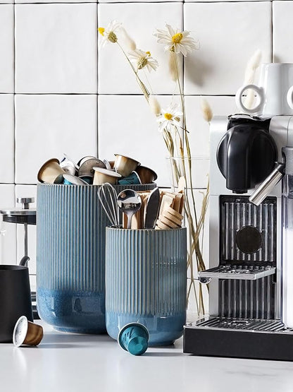 LE TAUCI Utensil Holder for Kitchen Counter, 7.3"+5.4" Fluted Ceramic Utensil Crock Organizer for Countertop, Heavy Large Holder for Spatulas, Spoons, Set of 2, Blue Marble - Image 4