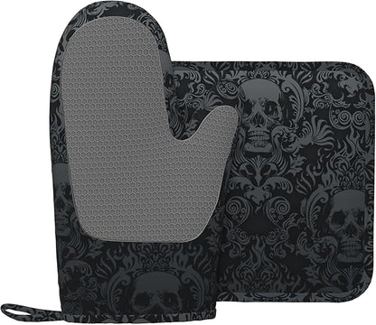 Gothic Skull Oven Mitts and Pot Holders Sets of 4,Resistant Hot Pads with Silicone Non-Slip BBQ Gloves for Kitchen,Cooking,Baking,Grilling