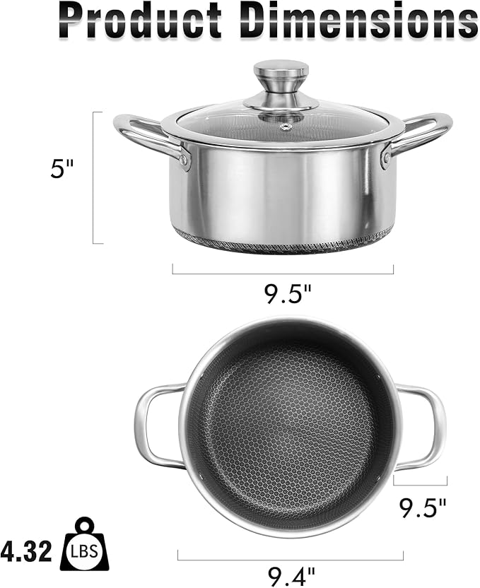 AuFranc™ Hybrid Nonstick 6 Quart Stainless Steel Stockpot with Glass Lid, Induction Stock Pot with Honeycomb Carving, Non-stick Soup Pot Compatible with All Cooktops, Non-Toxic, Dishwasher & Oven Safe - Image 2