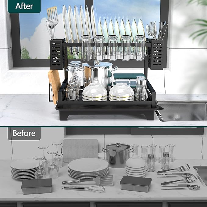 B-Land Dish Drying Rack: 2 Tier Dish Racks for Kitchen Counter and Sink - Large Dish Drying Rack with Drainboard & Utensil Holders - Stainless Steel Dish Drainers Kitchen Organization and Storage - Image 5