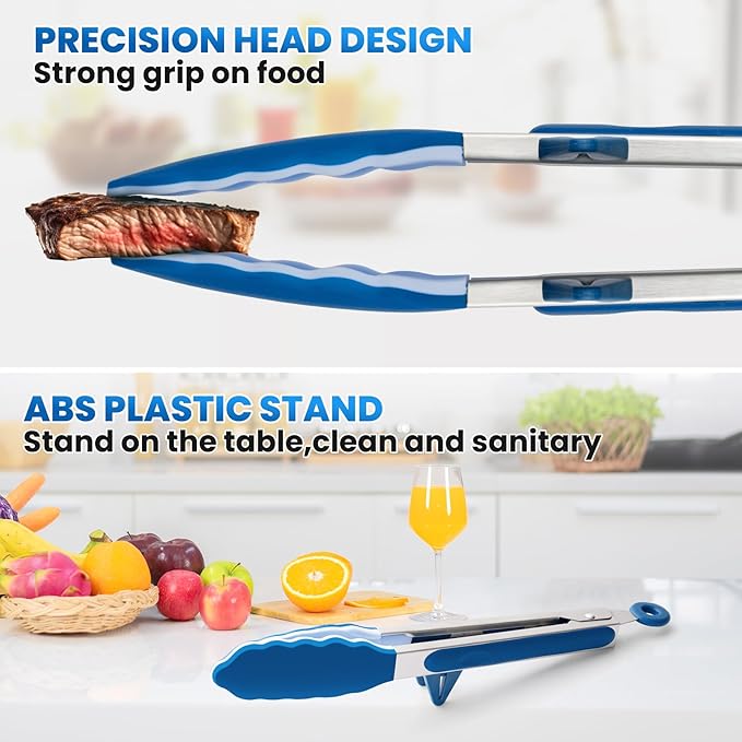5-Pack Silicone Tongs for Cooking,Maywe Tanso 4PCS 13-Inch Kitchen Tongs with Silicone Tips,Nonstick Stainless Steel Tong for Steak Pie Pizza Pasta Spaghetti Salad BBQ Buffet,Plus Brush - Image 3