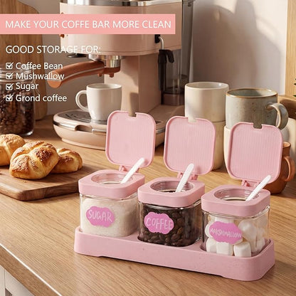 Suclain 3 Pcs Glass Coffee Containers Coffee Station Organizer Set, Airtight Bean Storage Jars with Shelf,labels,spoon, Base and Pen,for Sugar, Candy, Oats, Nuts (Pink) - Image 3