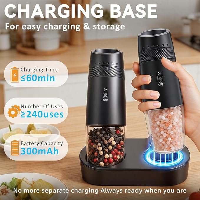 Gravity Electric Salt and Pepper Grinder Set Rechargeable Automatic Shakers Mill Grinder with LED Light, Adjustable Coarseness One Hand Operation, USB-C BatteryPowred, Gift for Home Chefs, 2 Pack