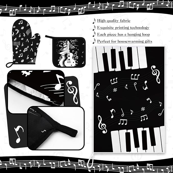 Leinuosen 8 Pcs Music Note Kitchen Decor Accessories Set Farmhouse Towels Oven Mitts Pot Holders Dishcloths Set Kitchen Decorative Absorbent Potholders for Chef Baking Cooking - Image 5