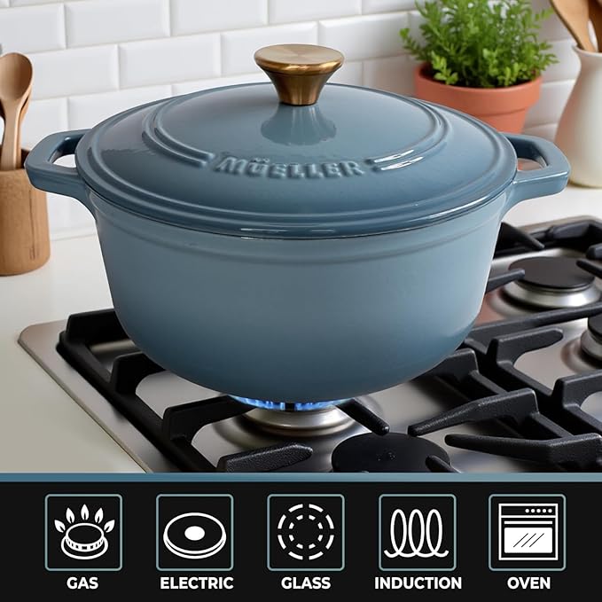 MUELLER HOME 7.5 Quart Enameled Cast Iron Pot Dutch Oven, Heavy-Duty, Oven-Safe up to 500° F & Across All Cooktops, Bread Pan with Lid & Knob, Cast Iron Cookware, Blue Kitchen Accessories,Mineral Blue - Image 4