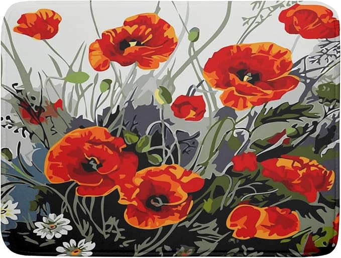 Giwawa Poppy Dish Drying Mat 18x24 inch for Kitchen Vintage Red Orange Floral Dish Drying Pad Oil Painting Flower Dish Drainer Mats Absorbent Microfiber Protector for Countertop Coffee Bar