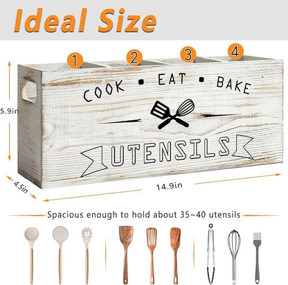 Extra Large and Durable Retro White Wooden Kitchen Utensil Holder - Ideal Kitchen Decor for Countertop with Party and Home Use （Retro White Extra Large）