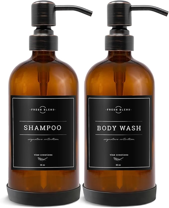 Vine Creations Amber Glass Soap Dispenser, 2 Pack Kitchen Soap Dispenser Set with Stainless Steel Pump, 16 oz Dish Soap and Hand Soap Dispensers for Bathroom with Waterproof Labels - Image 7