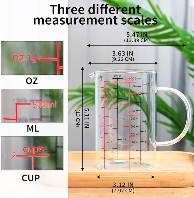 77L Glass Measuring Cup, [Double-Sided Measuring Scale, Insulated handle, V-Shaped Spout], High Borosilicate Glass Measuring Cup for Kitchen or Restaurant, Easy To Read, 500 ML (0.5 Liter, 2 Cup) - Image 5